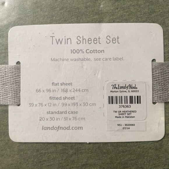 Crate & Barrel Land of Nod Green Heathered Twin Jersey Sheet Set 100% Cotton NEW